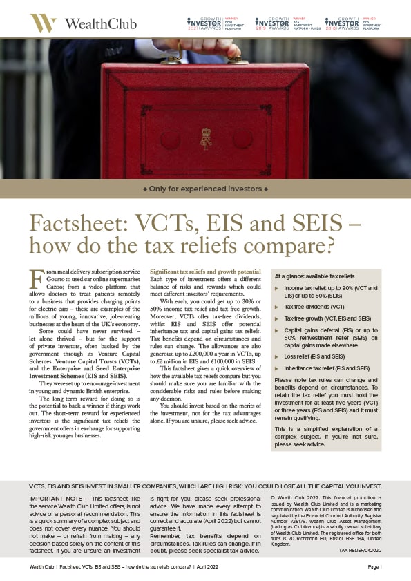 Factsheet- VCT, EIS and SEIS tax reliefs compared (1)