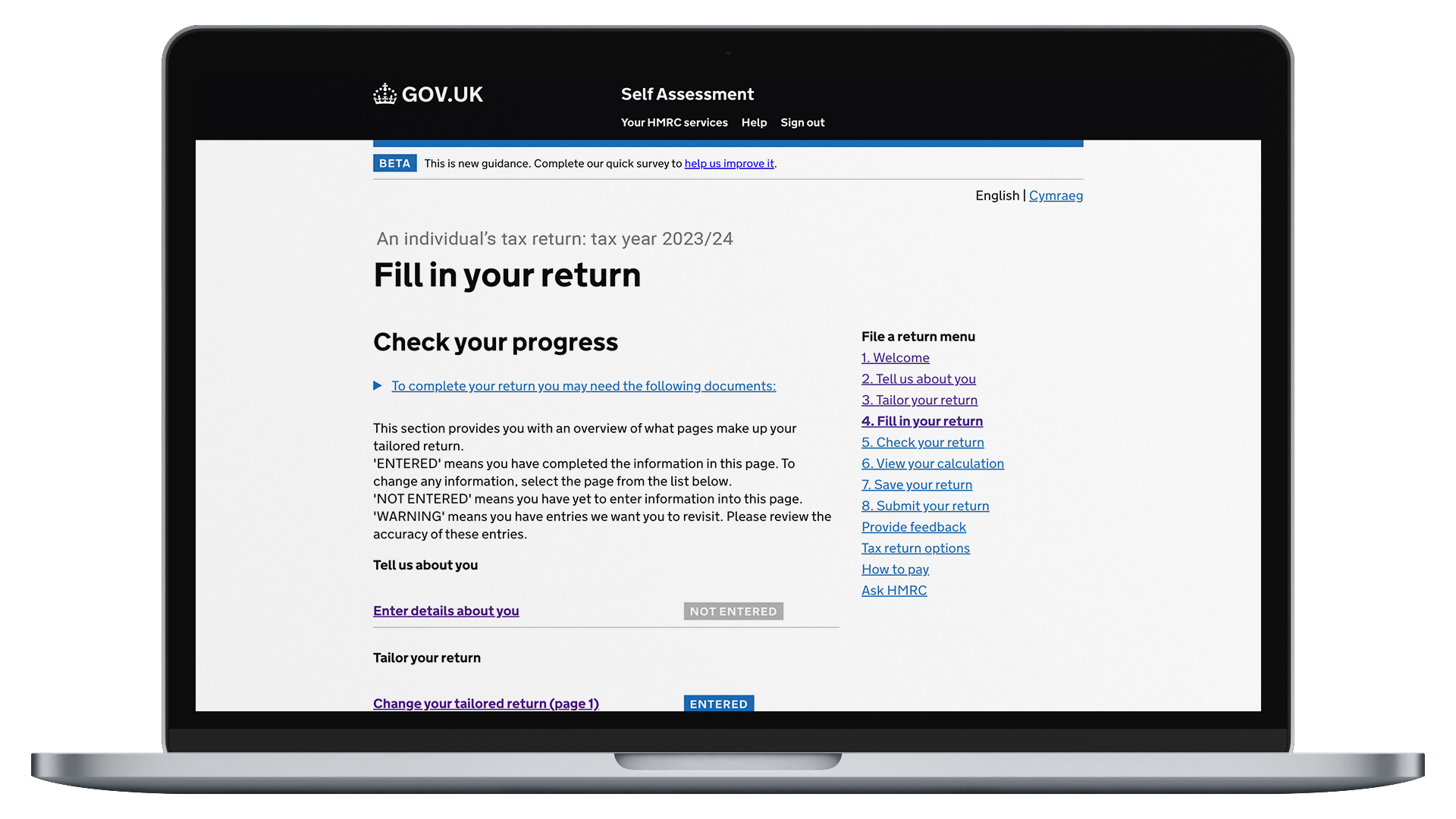 A laptop screen showing the Self Assessment website