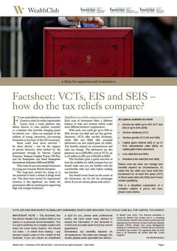 Cover: Tax reliefs compared (VCT, EIS and SEIS)